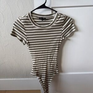 Fashion Nova Olive & White Striped Ribbed Bodysuit